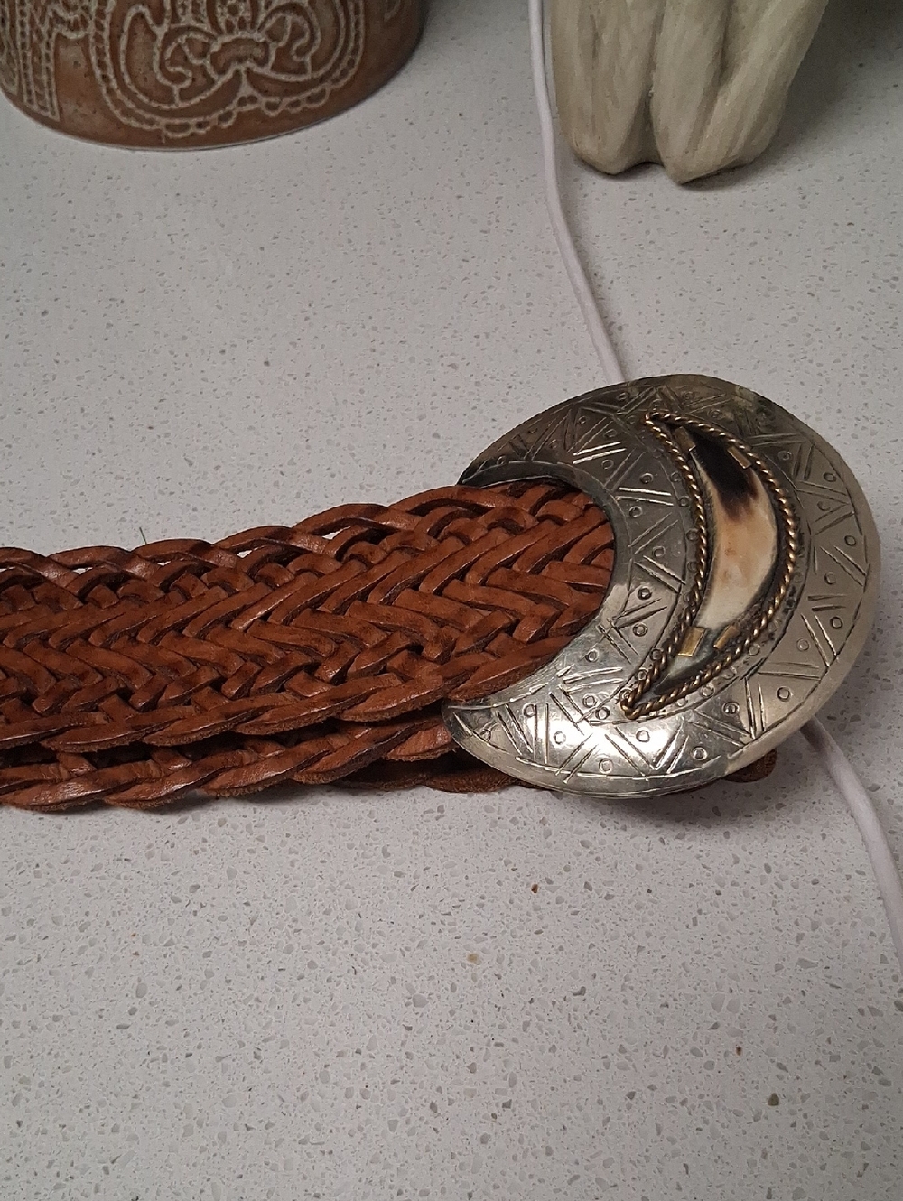 Free People Braided Brown Leather Belt with Silver-Tone Moon Buckle